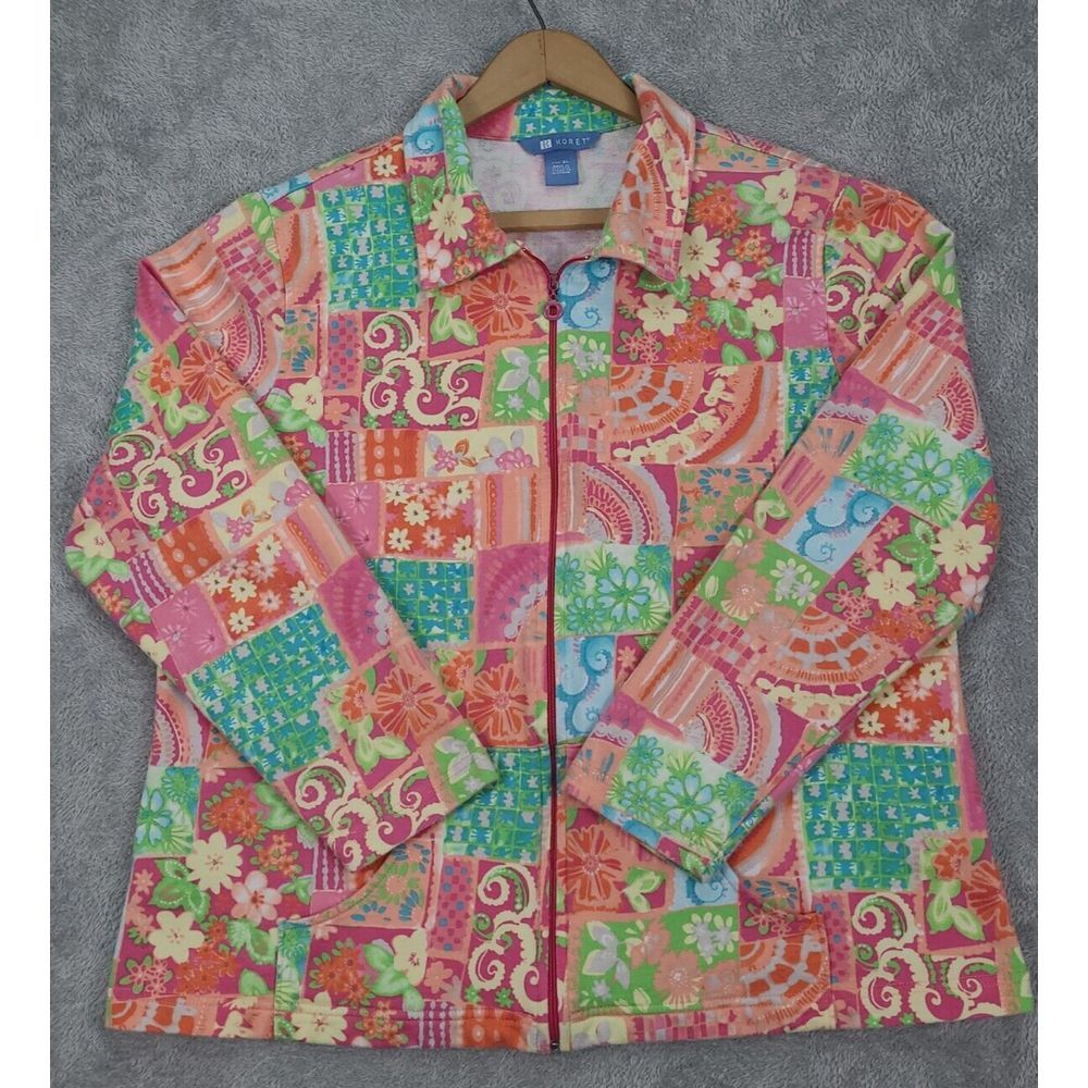 KORET Womens Floral Patch Look Zip Front Long Sleeve Lightweight Jacket XL